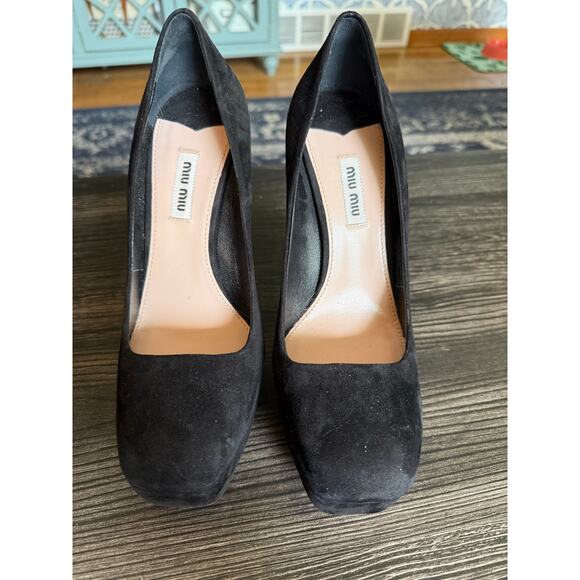 MIU MIU Suede XL Rhinestone Heeled Platforms Sz. 38.5 - Picture 9 of 10